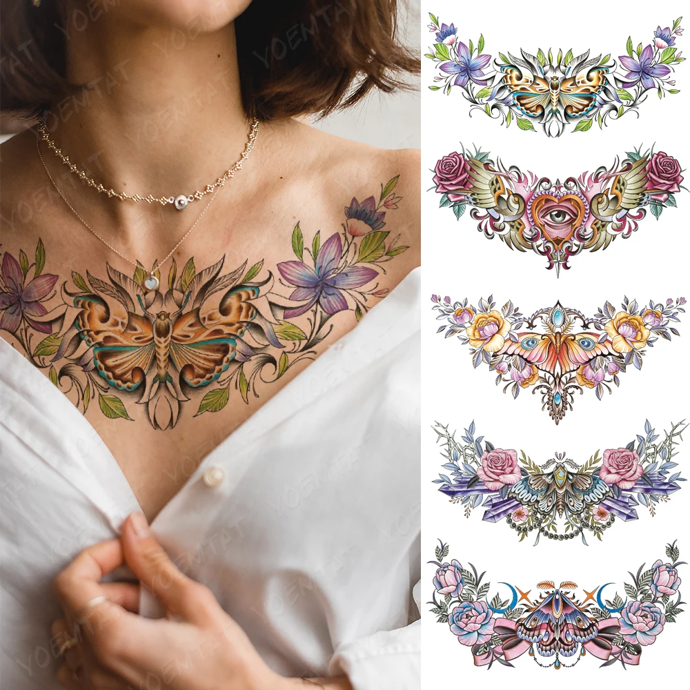 

Colorful Butterfly Moth Large Chest Tattoo For Women Flowers Waterproof Temporary Tatoo Sticker Waist Art Designs Men Fake Tato