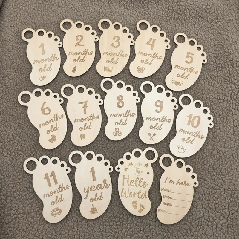 2024 New 13 Pcs/Set Baby Wooden Cards Newborn Memorial Cards Baby Feets Shaped Monthly Recording Birth Anniversary Cards Gifts