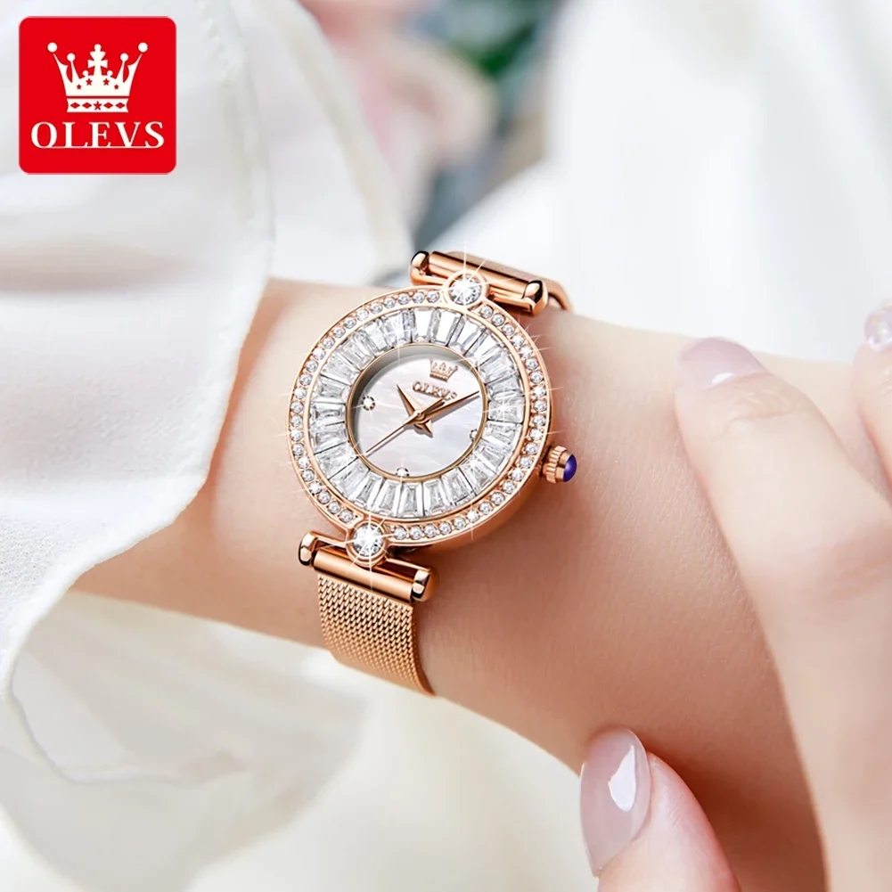 OLEVS-Montres-bracelets en diamant pour femmes, bracelet en PU, montres à quartz étanches, décontracté, 9963