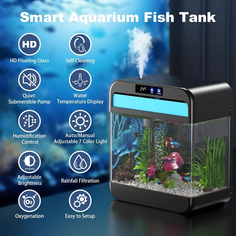 Fish Tank Aquarium 2.2 Gallon with Humidifier 7 Color Looping Light with Timer Self-Cleaning 3 in 1 Water Pump with Filteration