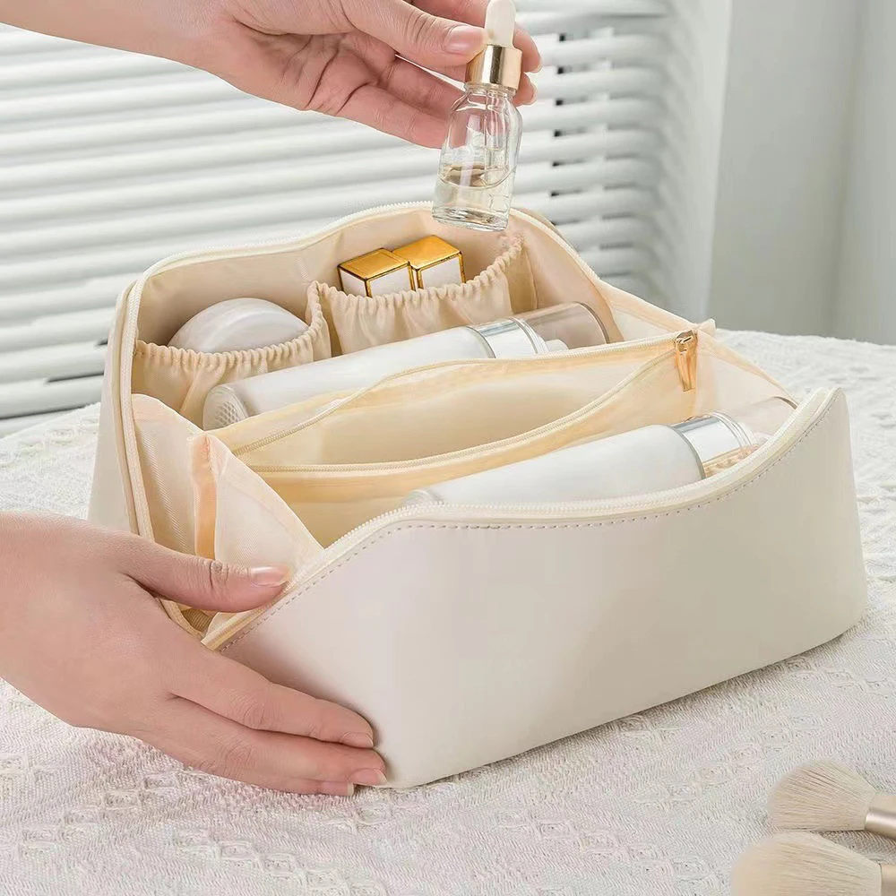 Bolsa de cosméticos de viaje de cuero de gran capacidad, estuche de maquillaje portátil para mujer, organizador de artículos de tocador