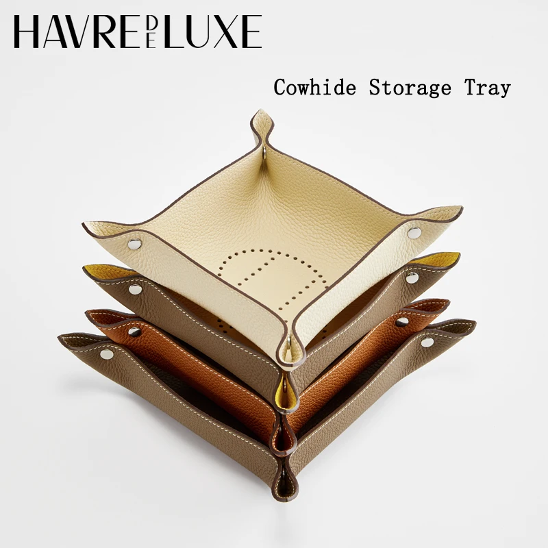 Leather Storage Tray Cowhide Sundries Storage Box Makeup Jewelry Key Tray DIY Water Proof Household Folding Tray Storage Case