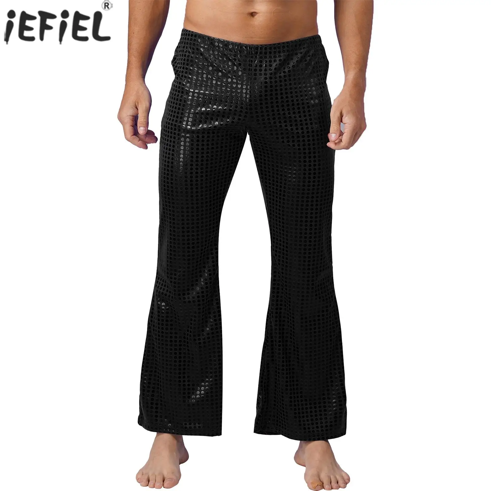 Mens Shiny Sequins Suit Pants Jazz Disco Dancing Performance Pants Flared Long Pants for Causal Wear Evening Party Clothing