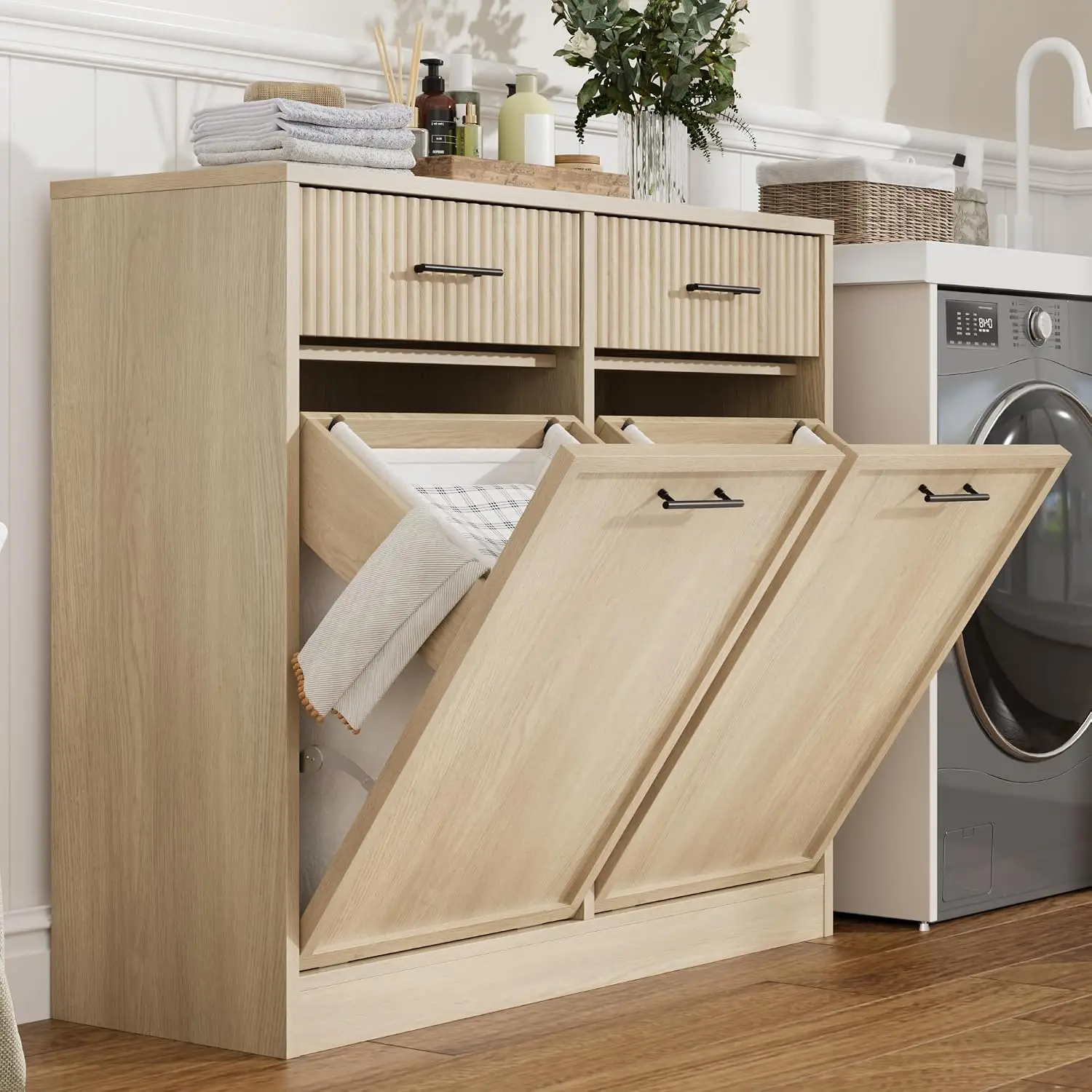 Fluted Double Tilt Out Laundry Hamper Cabinet, Trash Can Cabinet, Customized