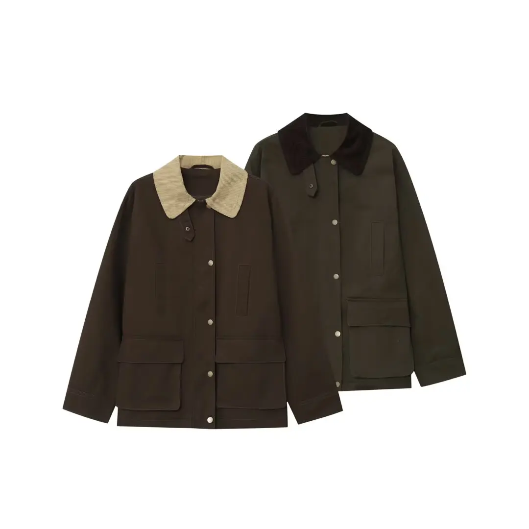 

MYST&ZA Women's Autumn New Collection Contrastive Color Corduroy Flip Collar Casual Retro workwear Long Sleeve Jacket Coat