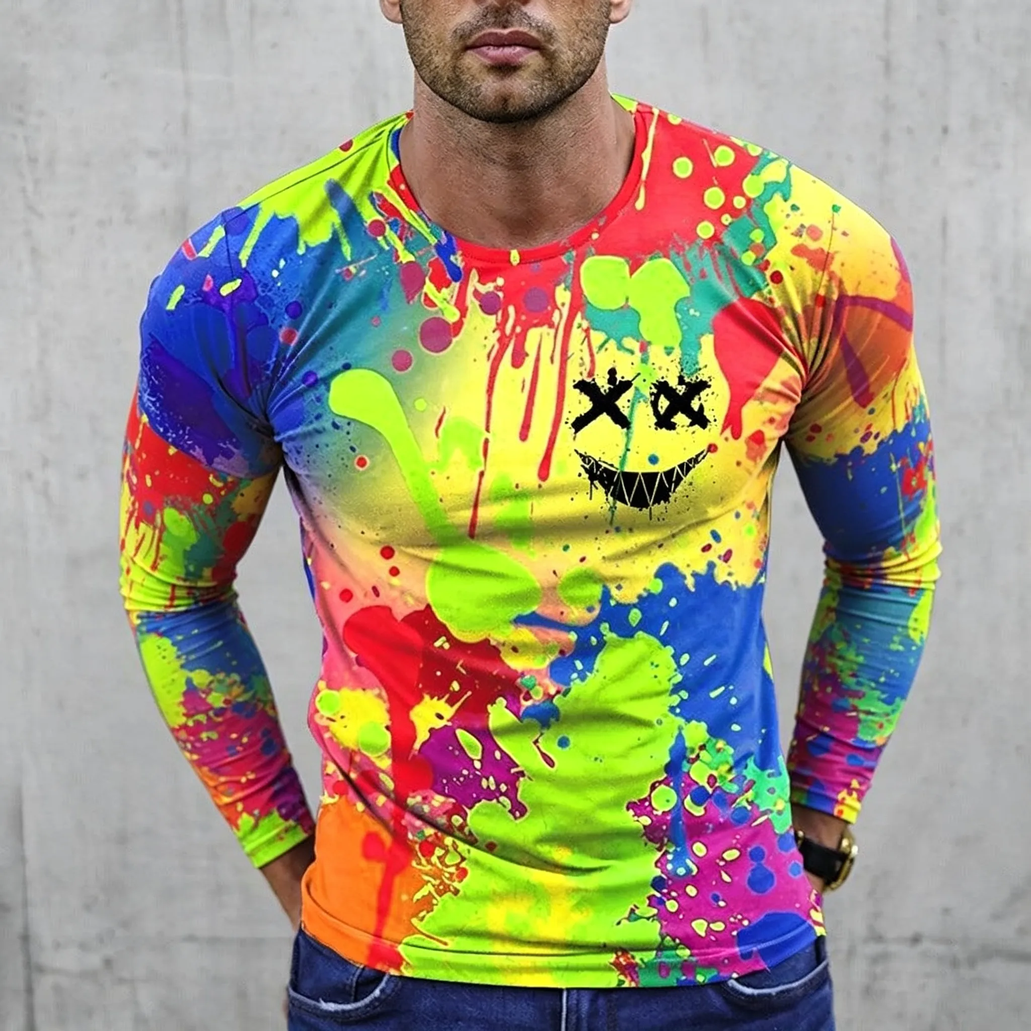 Men's Long Sleeve T-Shirt Colorful Splash Ink Smiley Face Print Crew Neck Street Casual Tops