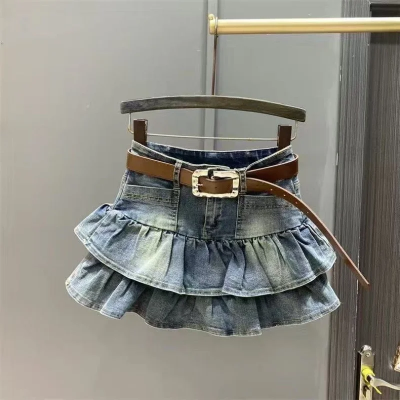 

Girls Dress 2025 Summer New Denim Short Skirt Korean Version Flanged Cake Skirt Elastic Elastic Waist A-line Skirt Fashion 3-14Y