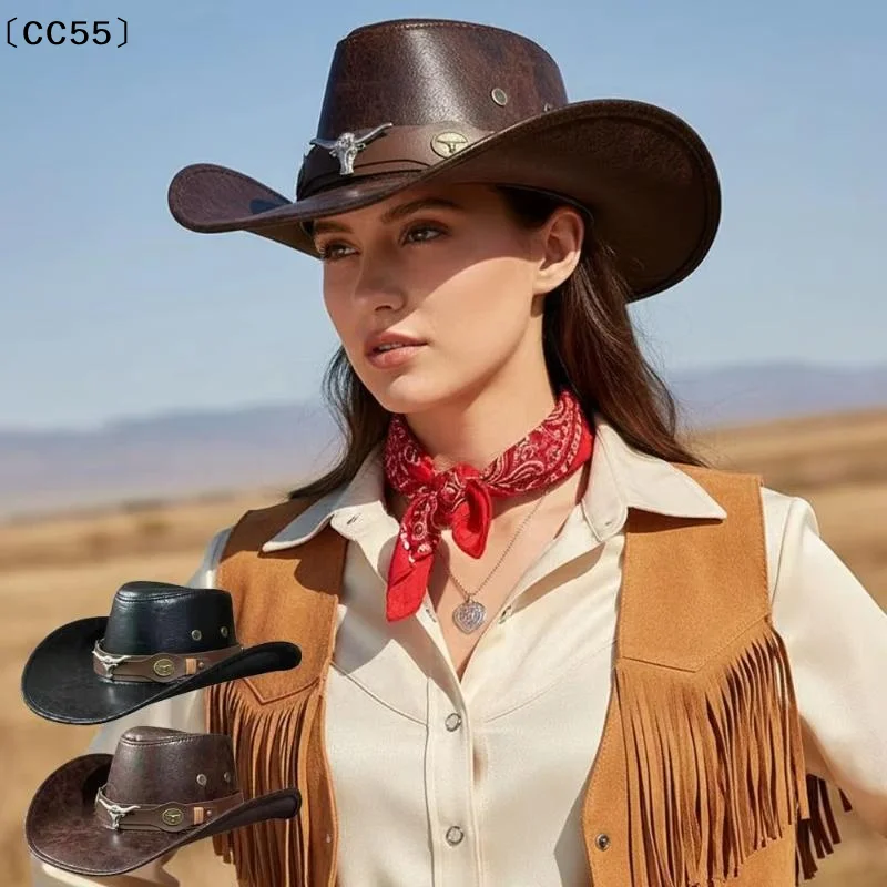 Fashion Bull Head Buckle Western Cowboy Hat Vintage Retro Wide Brim Sun Hat Cowboy Hat For Men Women Unisex〔CC55〕
