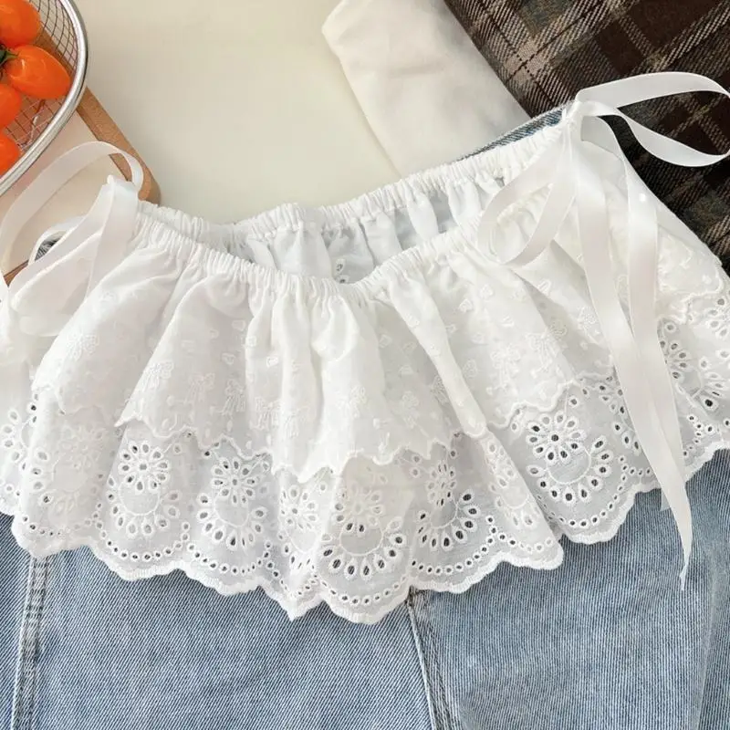 

Y3NE Women Tiered Ruffled Lace Shirt Extender Faux Top Lower Mini Apron Skirt with Elastic Waist Tie Up Bowknot Half Skirt