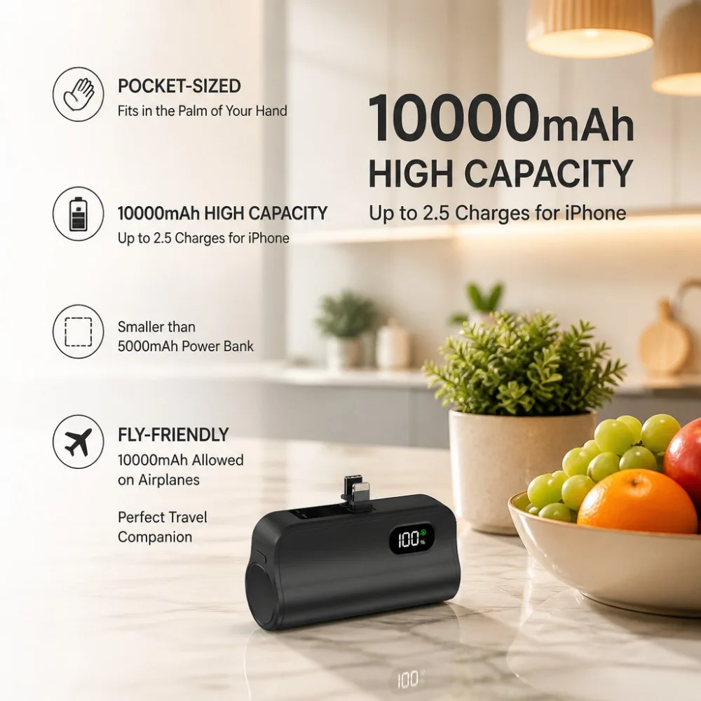 10000mAh Capsule Power Bank, Ultra-Compact Pocket Charger, Fast Dual USB Output for iPhone Samsung Android Mini Travel Essential
