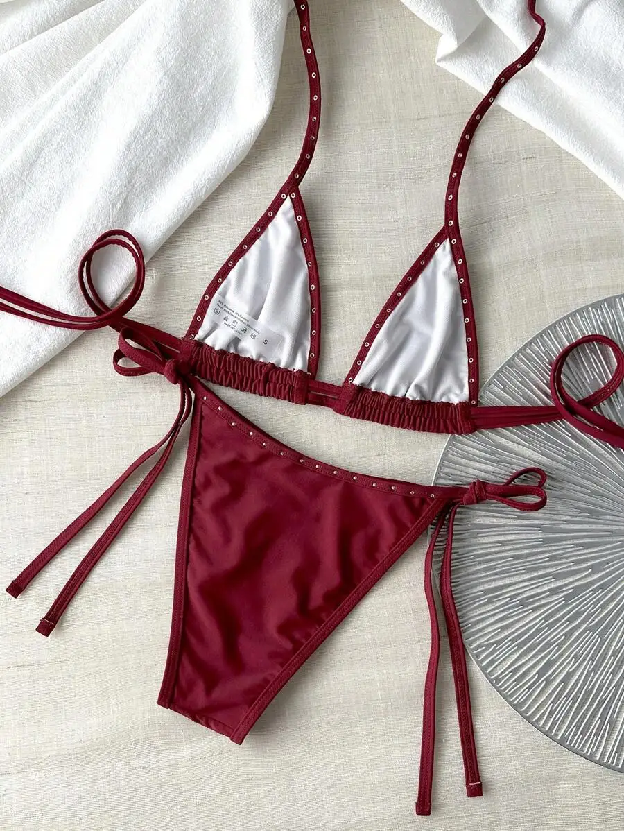

Women Two Piece Triangle Bikini Set With Drawstring Tie Side Bottom And Halter Top For Beach Summer