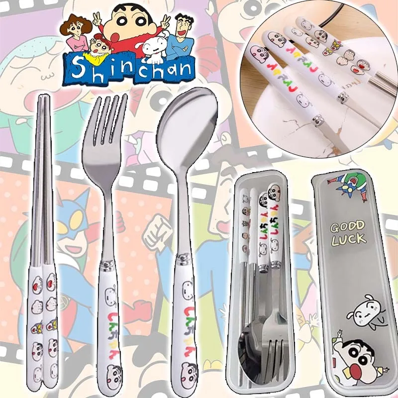 Crayon Shin-chan Stainless Steel Tableware Spoon and Fork Set with Storage Box Portable Tableware Cute Anime Dinnerware Kit Gift