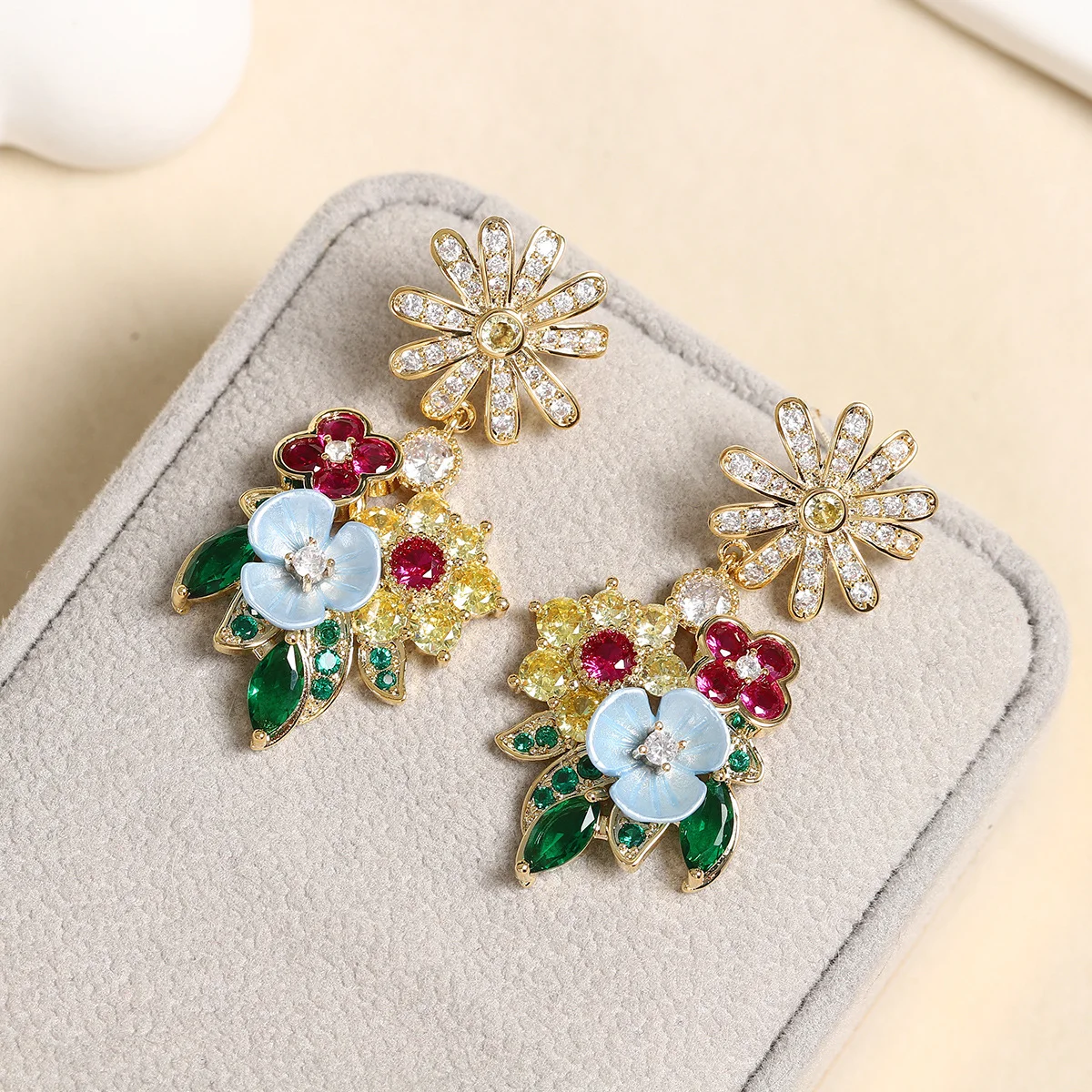 

925 Silver Needle Multicolor Gemstone & Enamel Flower Drop Earrings, Gold-Tone Statement Jewelry for Women Party Daily Wear