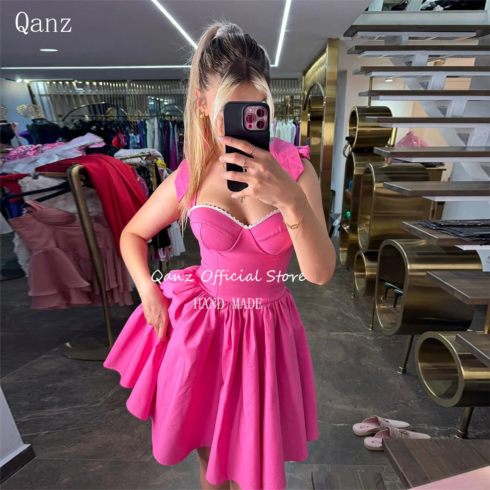 

Qanz Hot Pink Spaghetti Straps Vestidos De Graduación Mini Satin A Lin Homecoming Dresses Lace Up Back Party Cocktail Dresses