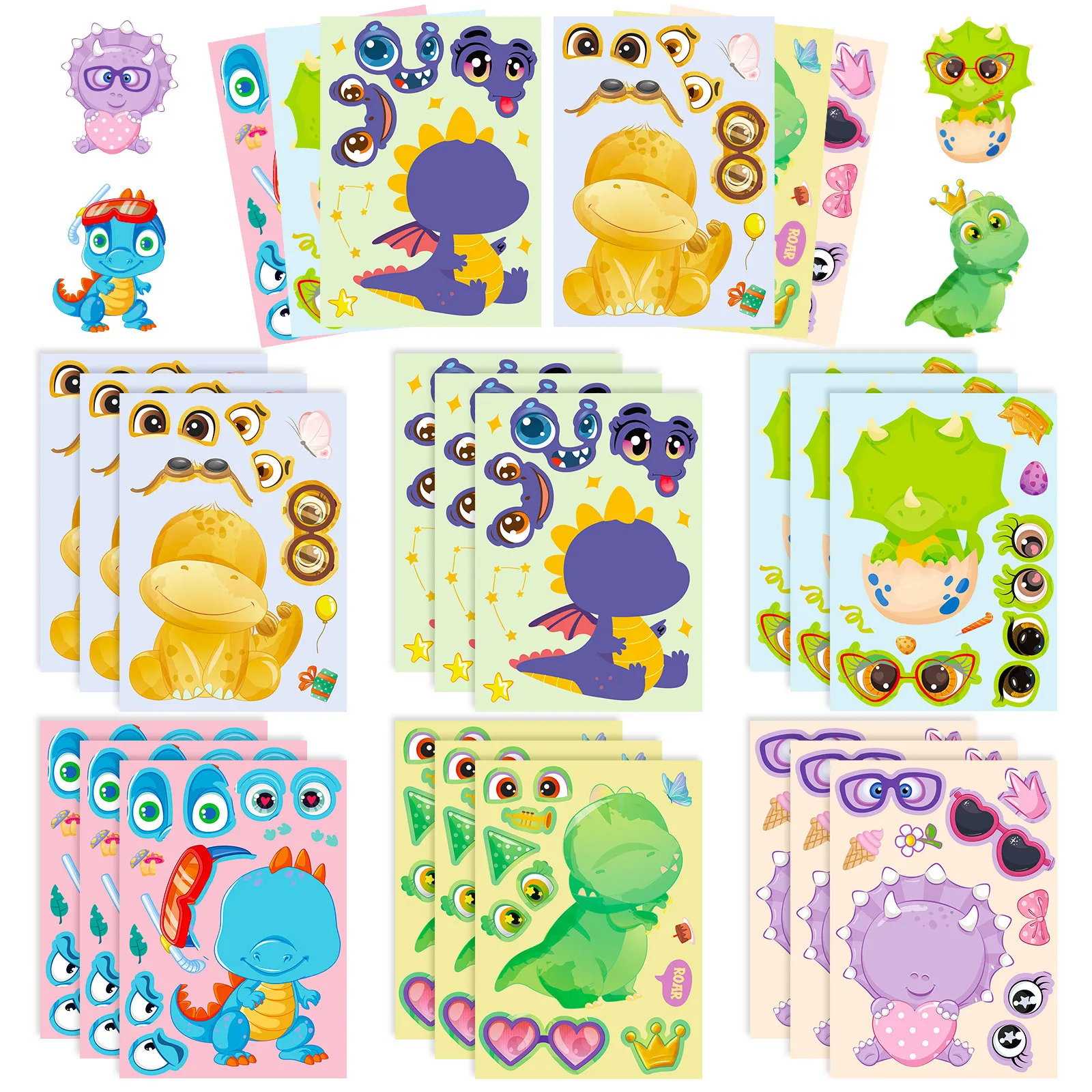 Set di 6 adesivi per collage di cartoni animati di dinosauri, giochi fai da te, decalcomanie artigianali per animali, per skateboard portatile