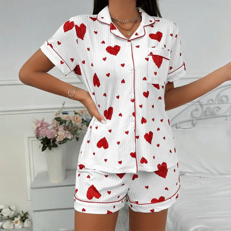 

Heart Printed Pajama Set for Women Casual Short Sleeve Button Lapel Top and Elastic Shorts Breathable Soft Sleepwear Lounge