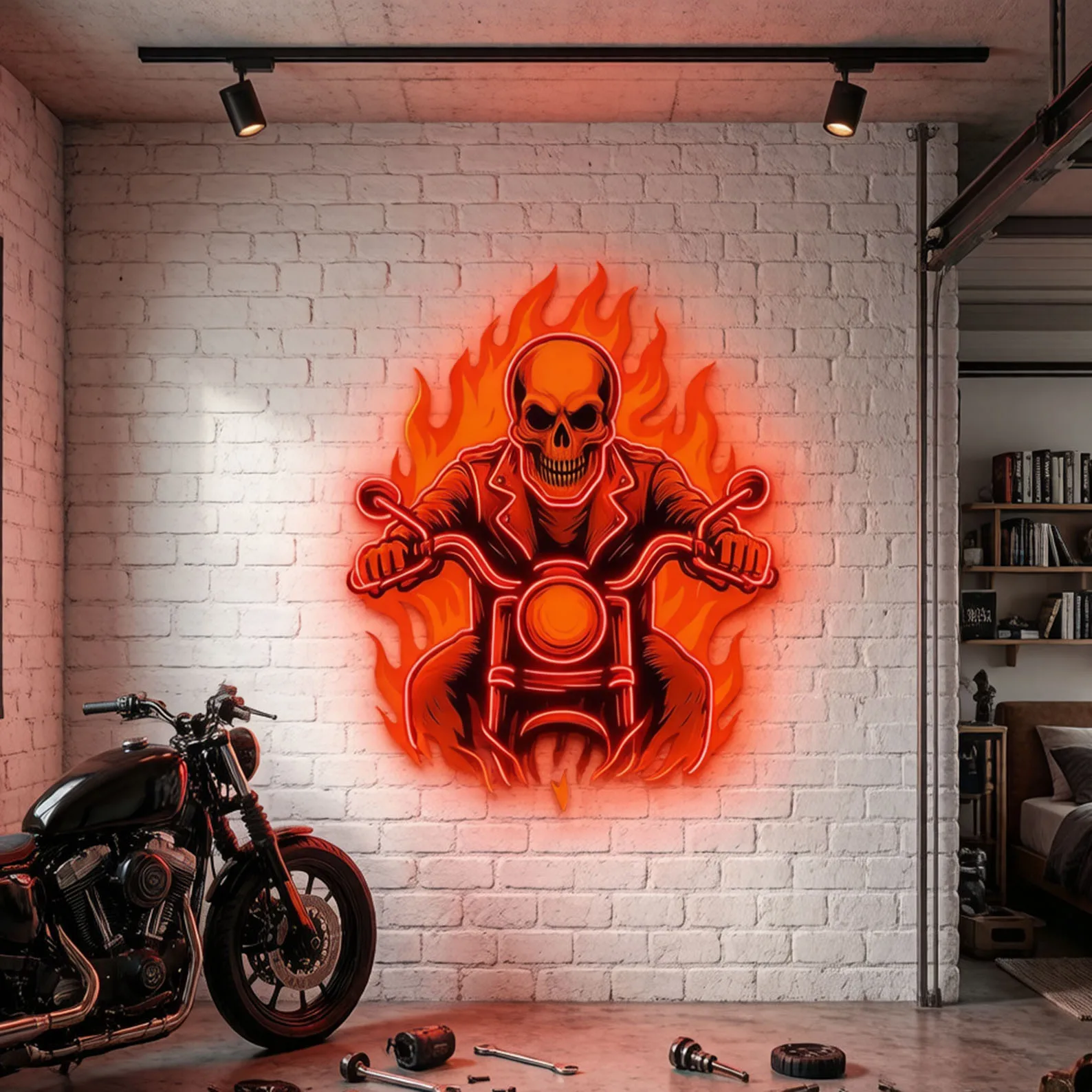 Skeleton Biker in Flames Neon Wall Art,Skeleton Motorcycle Neon Decor,Skull Rider Fire Neon,Game Room/Man Cave Sign,Gift For Man