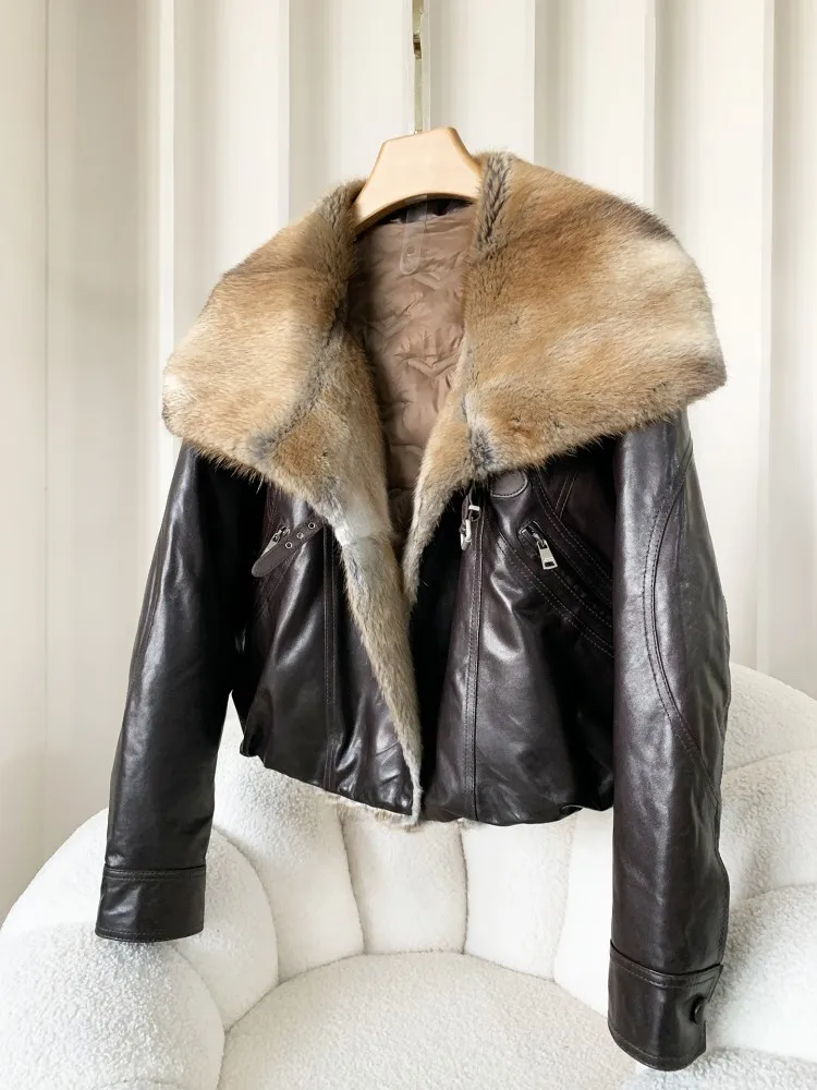 Chaqueta de piel de oveja a la moda para mujer, chal de piel auténtica, cuello de piel de visón, abrigo de invierno, estilo corto, mantiene el calor, mangas largas