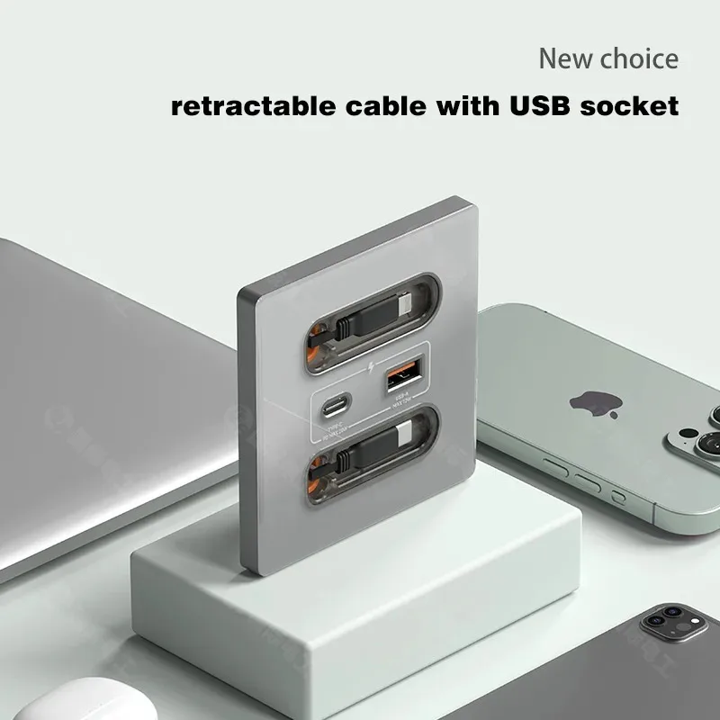 

Anssin 12w Universal Wall Panel Socket With Usb-A Usb-C Retractable Charging Cable ,Mobile Phone Tablet Charging Type C Outlet