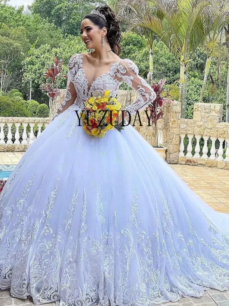 Luxus O-Ausschnitt Brautkleider Lange Ärmel Applikationen mit Schleppe A-Linie Brautkleid Prinzessin Vestido de Novia