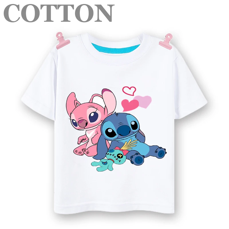 Disney Anime Stitch Children's Cotton Summer Fashion Multiple Cartoon Casual T-shirts Round Neck Short Sleeve Print Pattern