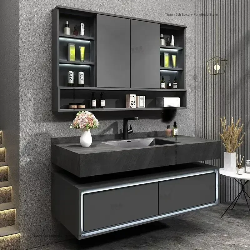 

Nordic Smart Bathroom Mirror Italian Minimalism Fashion Rock Plate Bathroom Cabinet Vanity Sink Home Furniture Arredo Bagno FYBC