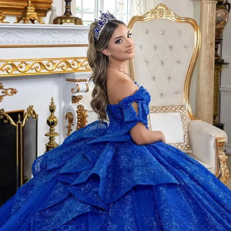 Personalizado azul real brilhante quinceanera vestidos de baile lantejoulas apliques rendas miçangas cristal tule vestidos de 15 años