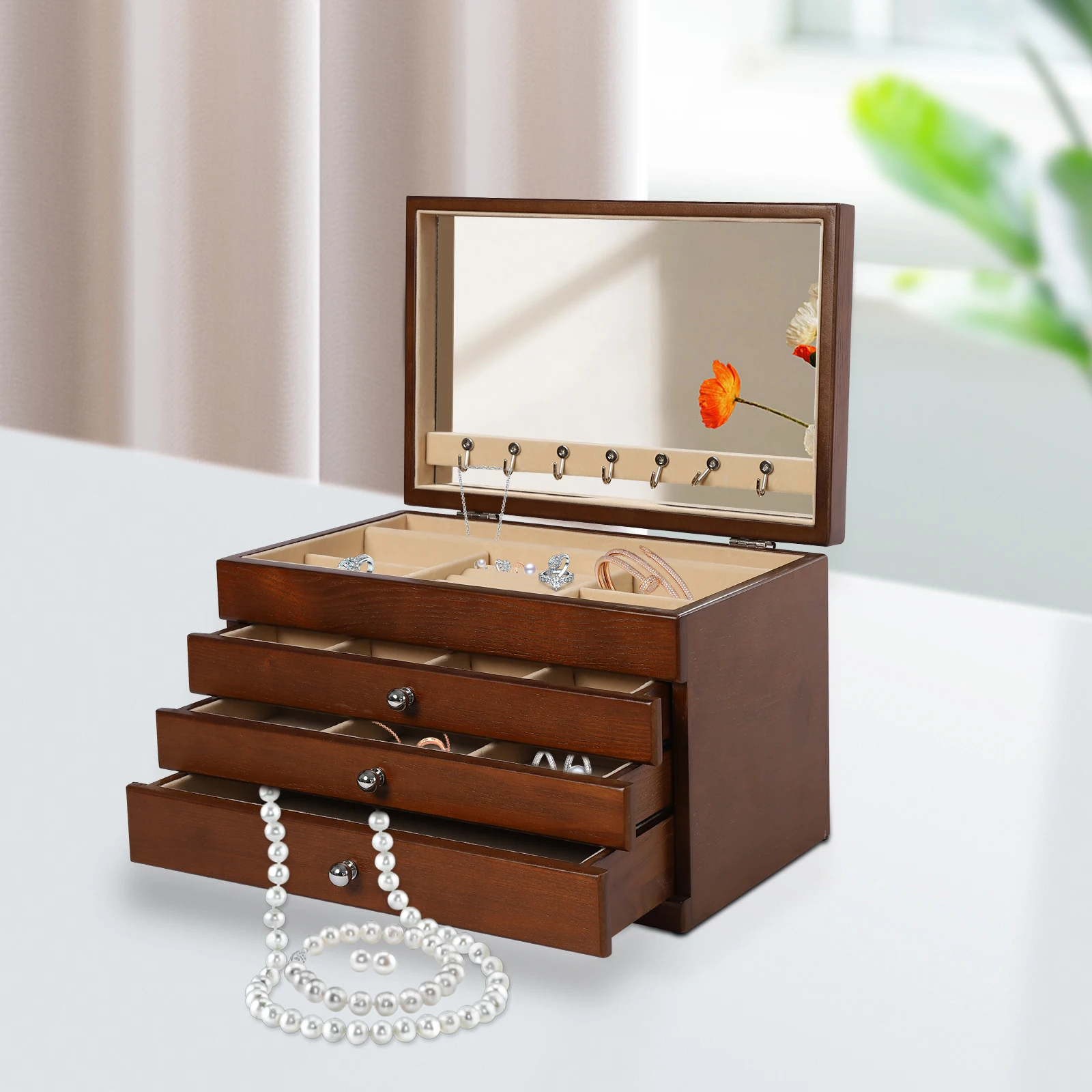 4-tier Wooden Jewellery Box With Drawers & Mirror Velvet Lining Elegant Case Large Capacity Wooden Jewelry Storage Box