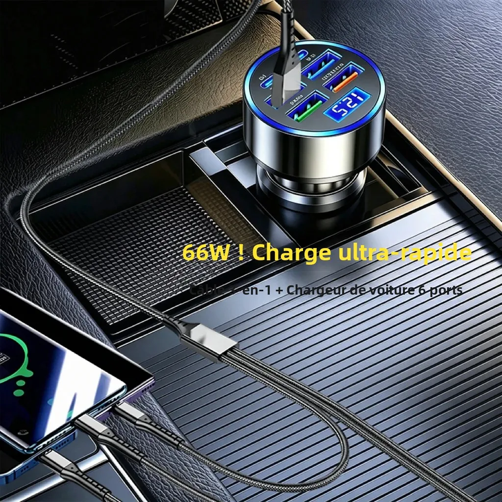 Chargeur de voiture 6 ports 66W à charge rapide, adaptateur USB pour voiture avec affichage de la tension LED, chargeur allume-cigare pour iPhone Samsung