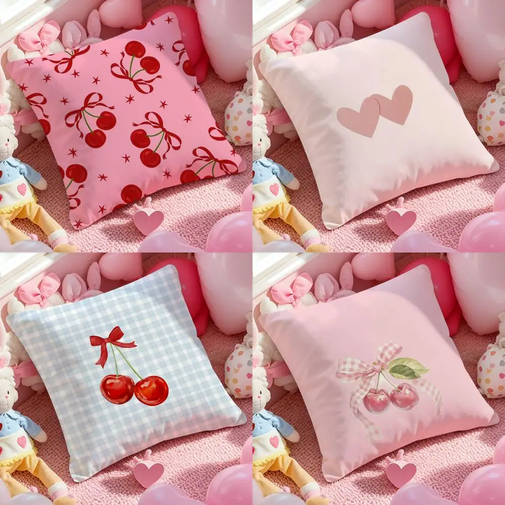 Pink Bow Cherry Cushion Cover Anti-dustmite Pillowcase Invisible zipper silky short plush Sofa cushion cover