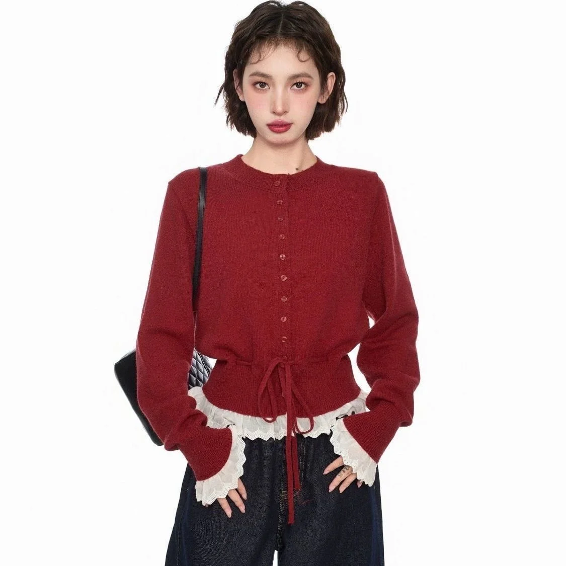 

American spicy girl lace fake two piece knitted sweater Autumn and winter Harajuku style Y2K women's trendy cardigan sweater