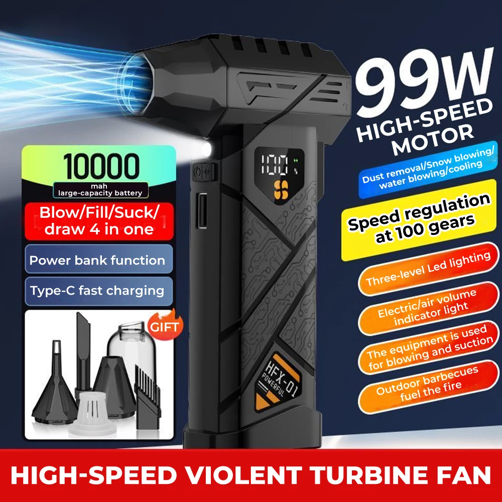 Ventilador Turbo Jet de 10000mAh, soplador Turbo Jet ajustable de 4 velocidades, soplador de aire potente de 990000RPM, ventilador Turbo sin escobillas de 60 m/s, eliminación de polvo