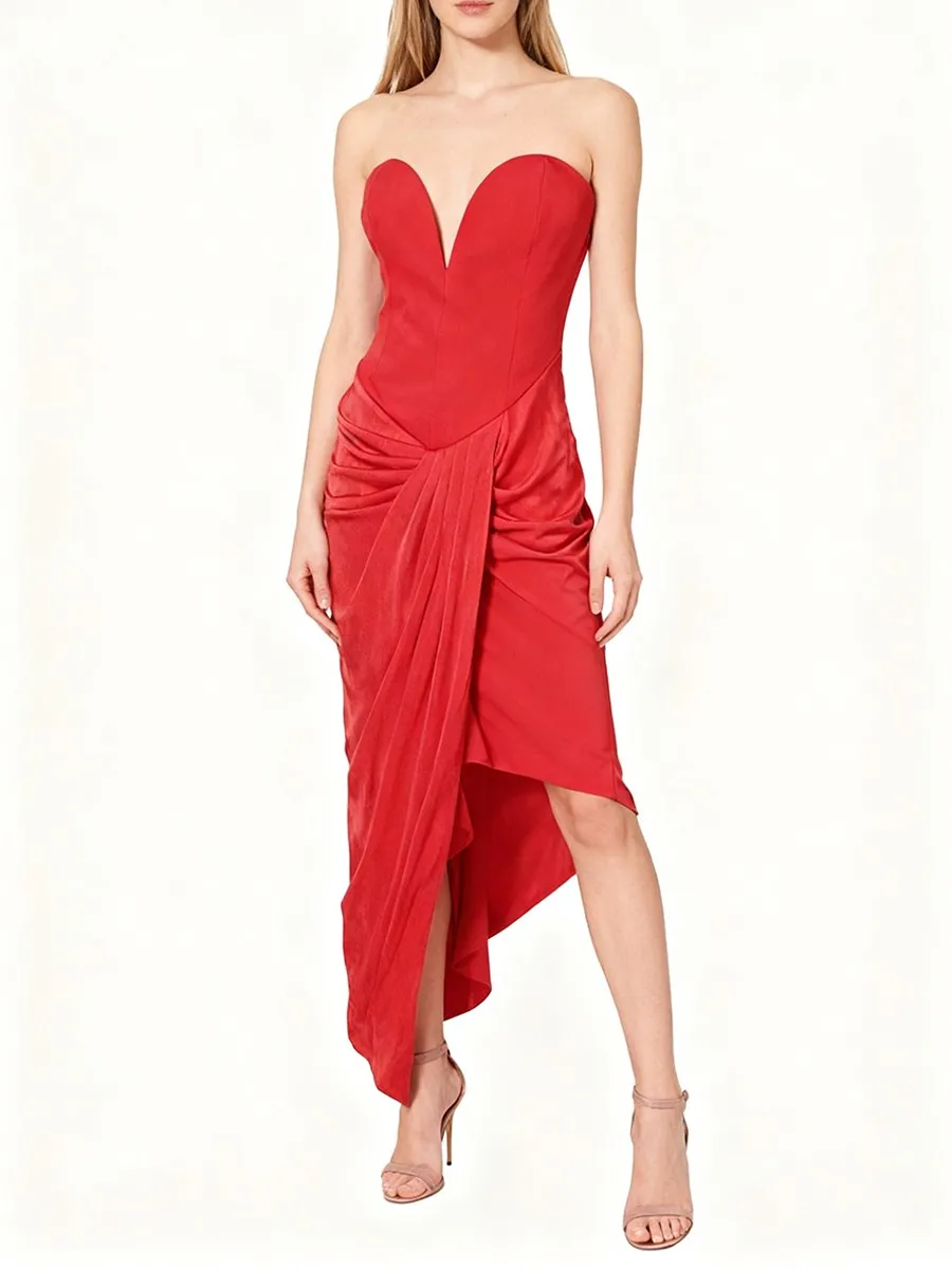 TWOTWINSTYLE Slimming Spliced Shirring Irregular Dresses for Women Strapless Sleeveless Tunic Design Sense Dress Female Clothing