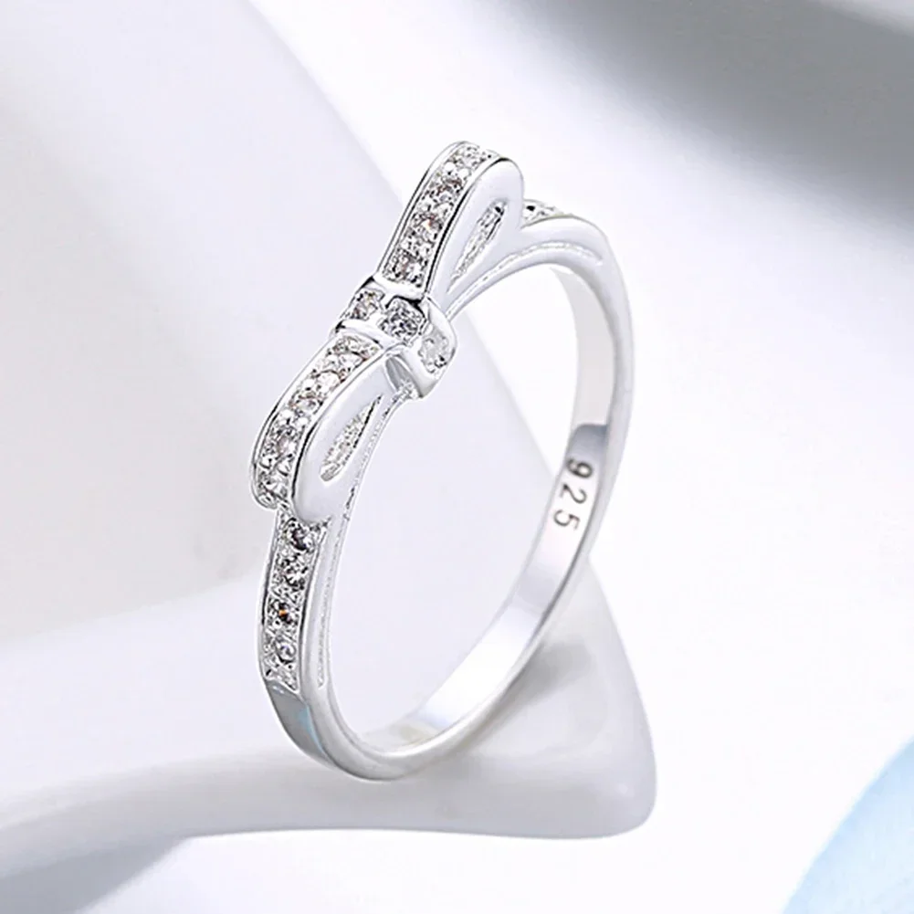 Charm 925 Sterling Silver Rings For Women Simple Bowknot Crystal Size 6/7/8/9 Fashion Party Gifts Girl Student Wedding Jewelry