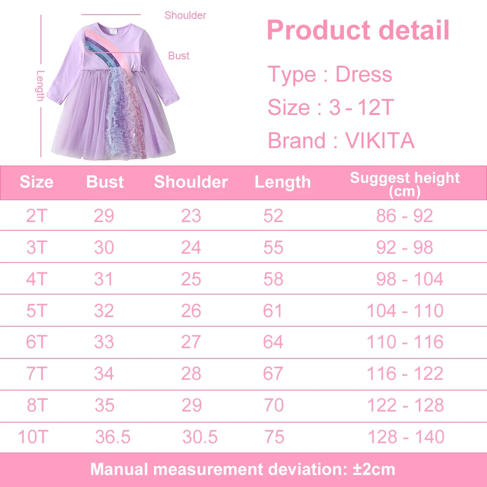 VIKITA Girls Rainbow Sequined Appliqued Dress Kids Long Sleeve Autumn Spring Purple Birthday Party Performance Tutu Vestidos