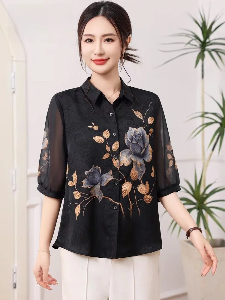 Ele Silk Commuter irt 2025 Summer New Sle Medium Sve Embroidered Women's Top  Collar Single Button Chinese Sle