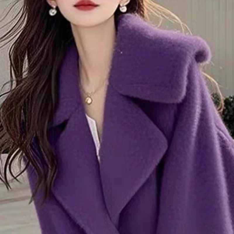 ใหม่ 2025 ฤดูใบไม้ผลิผู้หญิงเกาหลีสไตล์แฟชั่นอเนกประสงค์Faux Lambขนสัตว์Warm Fur Coatแขนยาวสีม่วงSlimming Chic Jacket