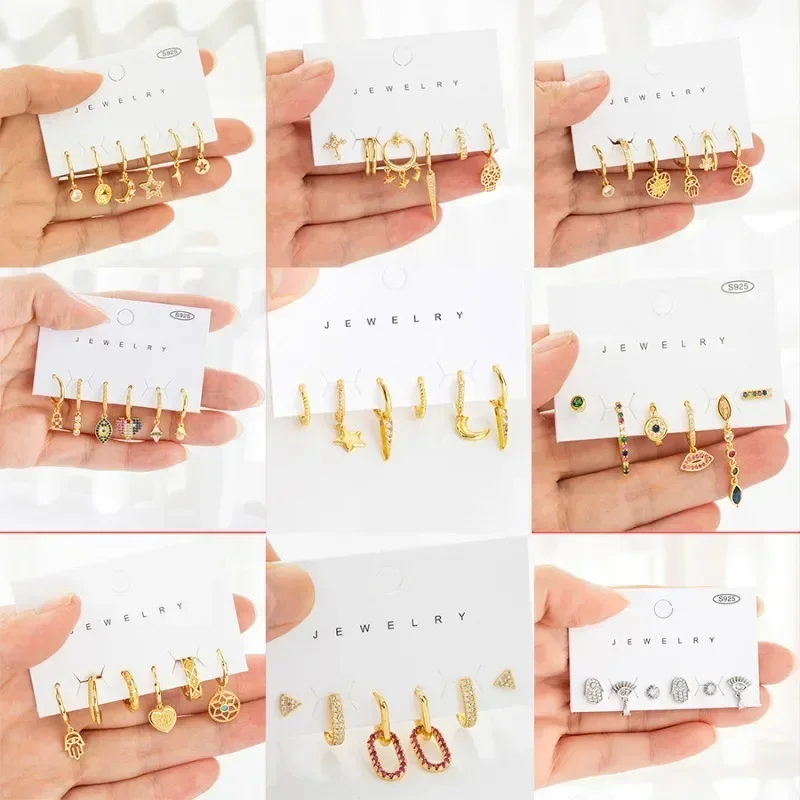 XUFEIR Plated Gold 6-piece Earrings Set for Women Fashion Light Luxury Zircon Star Shaped Earrings Set Jewelry Accessories