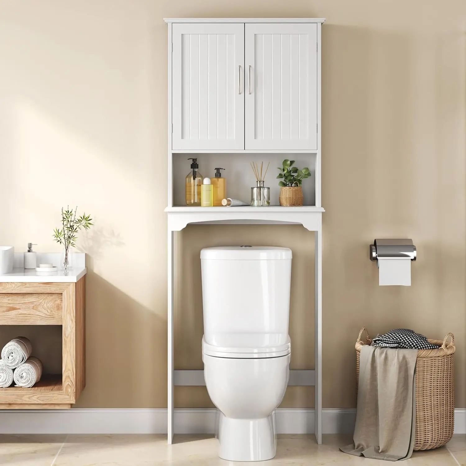 

Over The Toilet Cabinet, Double Door Bathroom Storage Organizer, Toilet Rack with Inner Adjustable Shel and Open Storage Shel, W