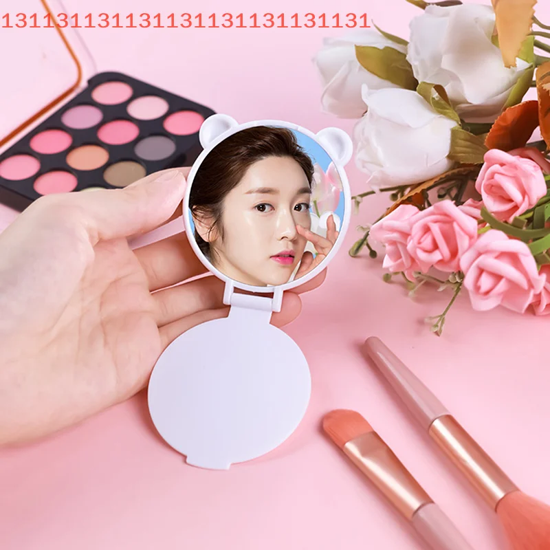 듀얼 유즈 데스크탑 거울, 학생용 저렴한 손잡이형 곰 귀 세로형 HD 메이크업 거울, 휴대용, 접이식, 세로형