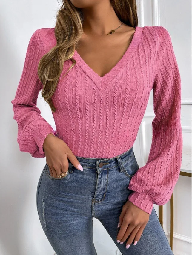 Women's Backless Top Pullover New V-neck Bubble Sleeve Long Sleeved Women's Slim Fit Sweater