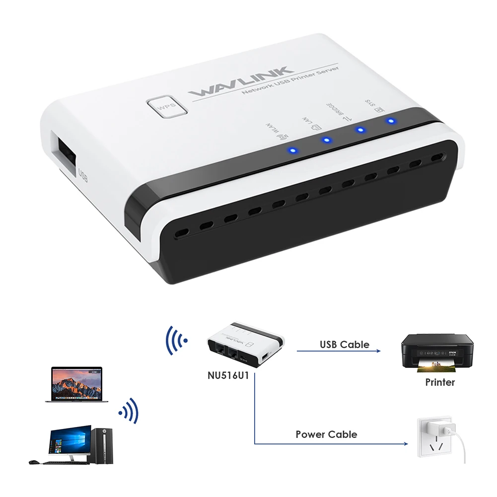 Servidor de impresión USB multifunción, concentrador compartido, servidor de impresora inalámbrica con 10/100Mbps Lan/puente, impresora de ordenador multimodo