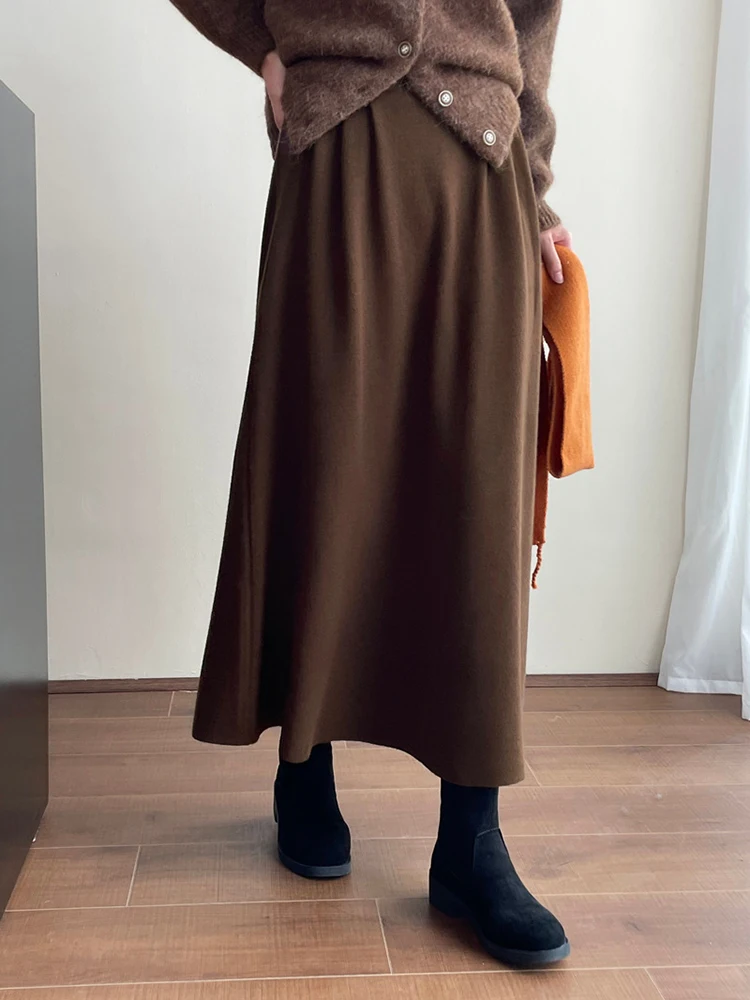 [LANMREM] Minimalism Knitting Skirts For Women Elastic High Waist A-line Mid-length Office Lady Skirt 2024 Autumn New 26C739