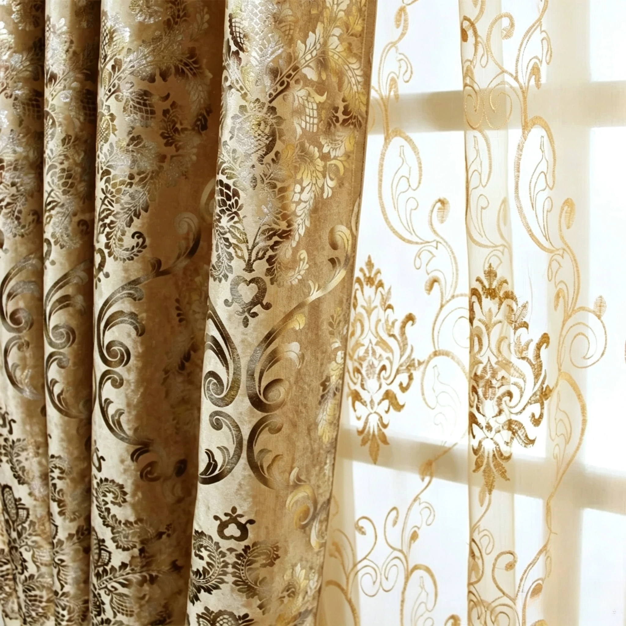 Luxury European Style Velvet Jacquard Curtains with Sheer Gold Bronzing Floral Drapes Window Curtain Set for Living Room Bedroom