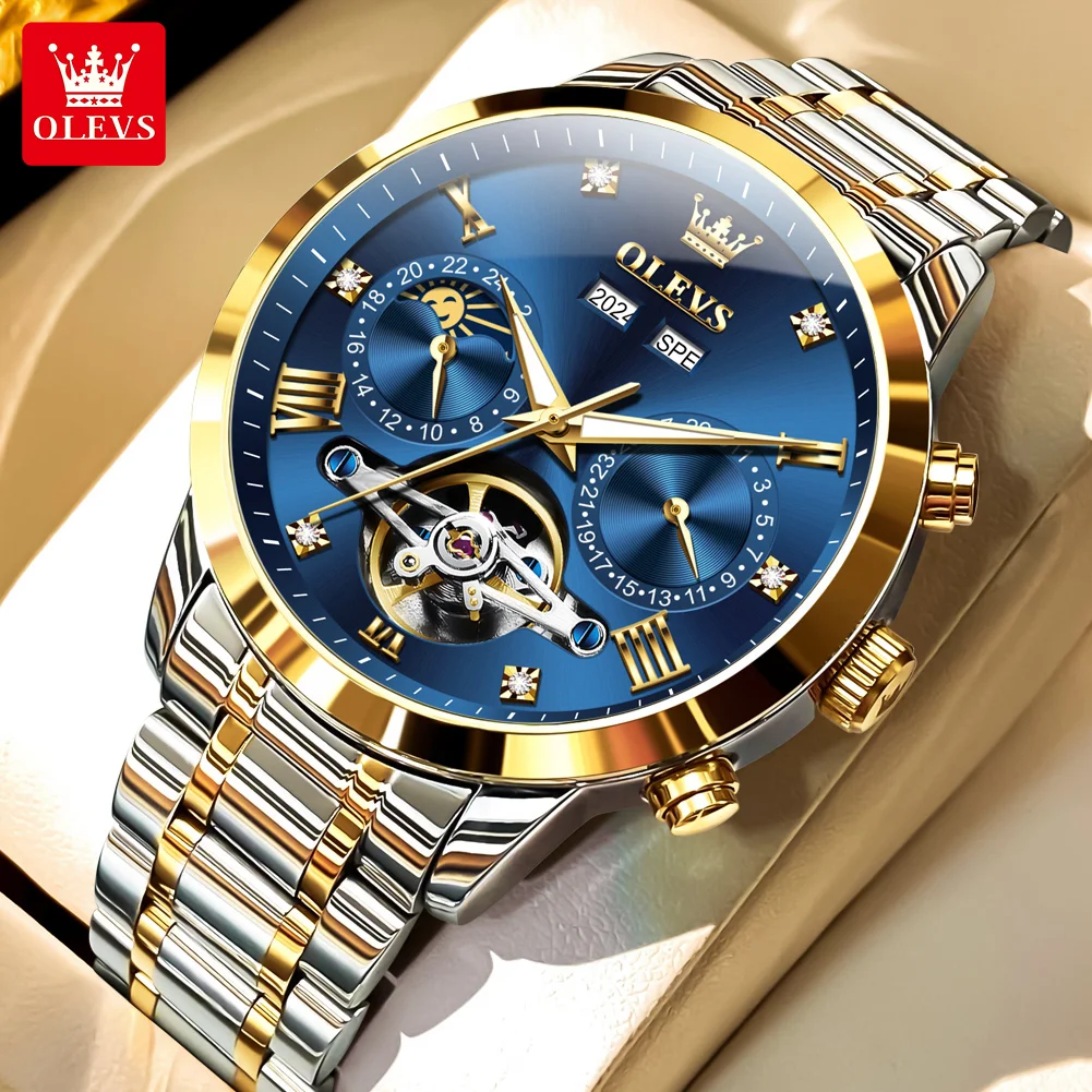 

OLEVS 7029 Роскошные мужские часы из нержавеющей стали с полым маховиком и фазой Луны, эксклюзивные автоматические мужские часы с механическим механизмом, новые