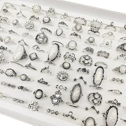 50pcs/Lot Wholesale Hot Big Fake Opal Carved Finger Rings for Women Party Beauty Crystal Flower Moon Sun Skull Crown Bar Jewelry