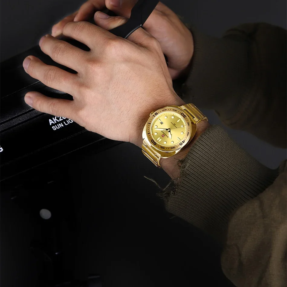 NAVIFORCE NF9250 العلامة التجارية للرجال الرياضة الفاخرة الفولاذ المقاوم للصدأ حزام 30 متر مقاوم للماء عرض التاريخ كوارتز ساعة اليد