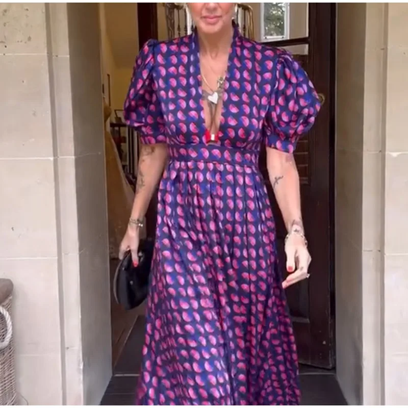 Spring and summer new style elegant deep V-neck short sleeved printed dress cross-border French women's clothing