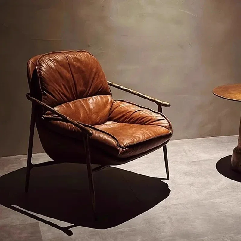 Y2 Leisure Chair Vintage Oil Wax Genuine Leather Armchair Metal Hand-Forged Couch Iron Cigar Chair