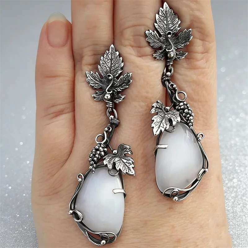 Vintage Water Droplets White Stone Earrings Silver Color Metal Carved Leaves Long Dangle Earrings for Women Jewelry